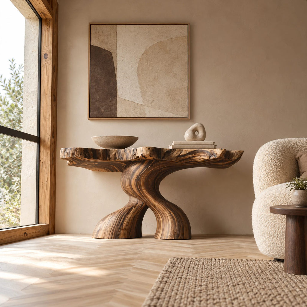Organic Curved Burl Wood Console Table With Twisting Base For Living Room