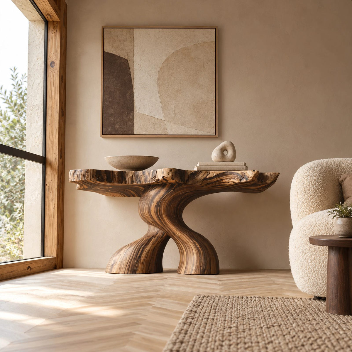 Organic Curved Burl Wood Console Table With Twisting Base For Living Room