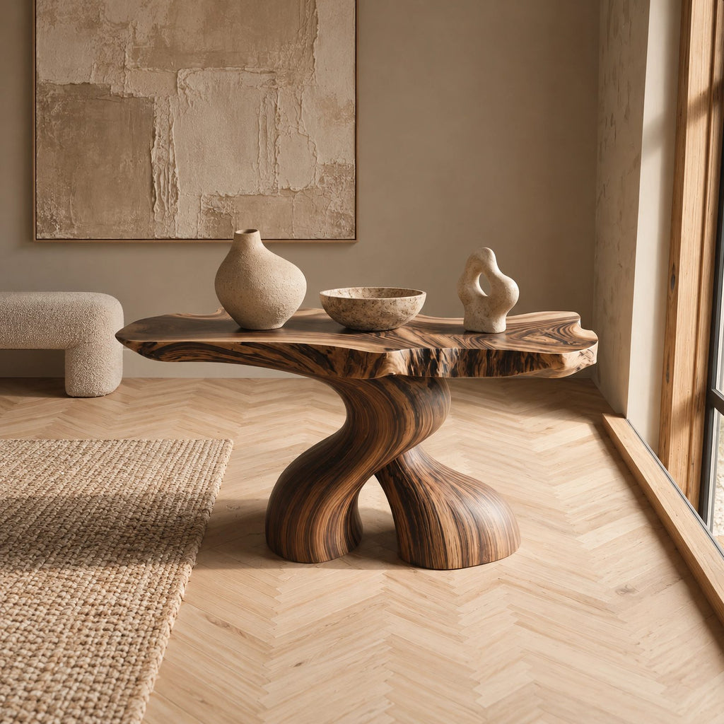 Organic Curved Burl Wood Console Table With Twisting Base For Living Room