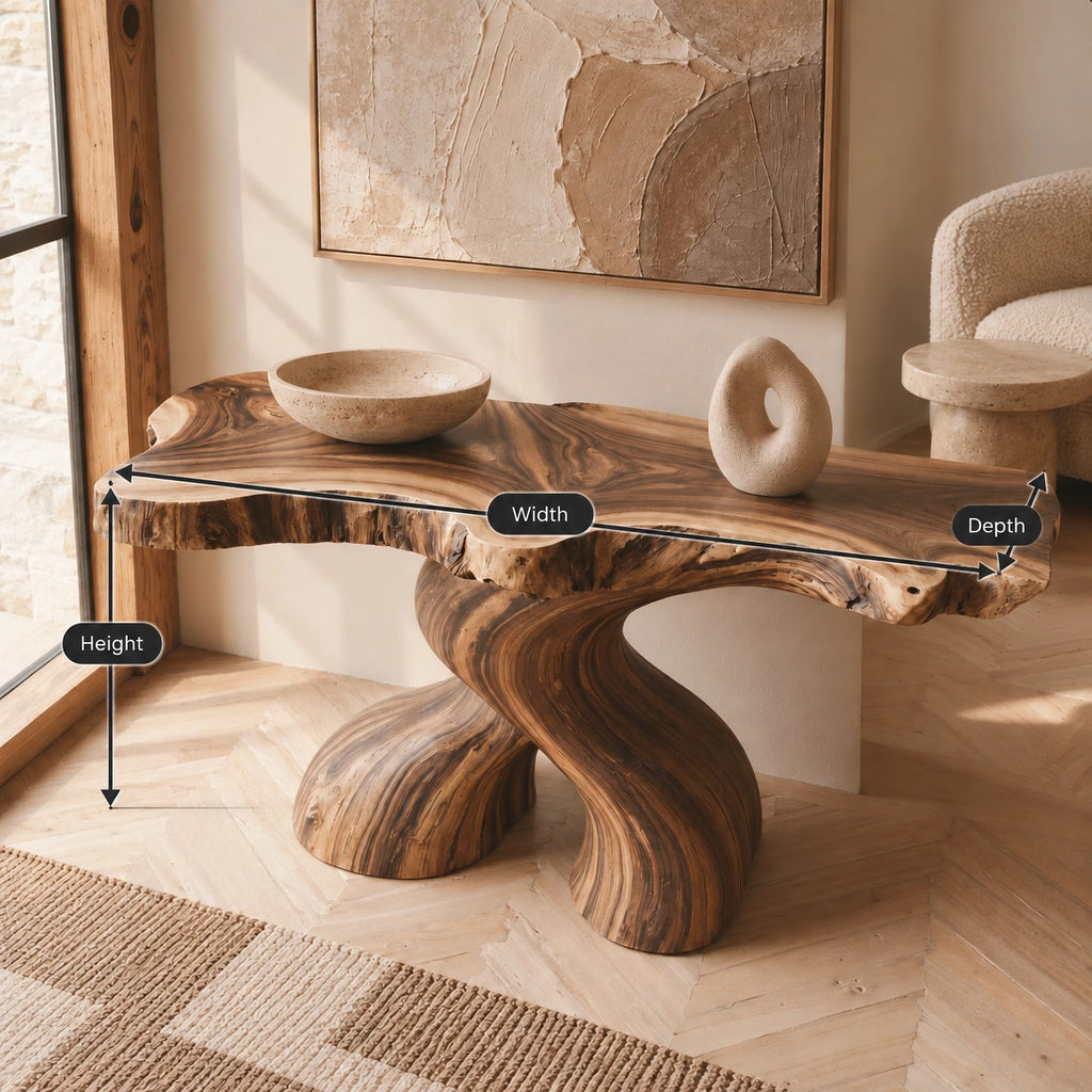Organic Curved Burl Wood Console Table With Twisting Base For Living Room