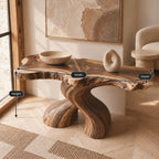 Organic Curved Burl Wood Console Table With Twisting Base For Living Room