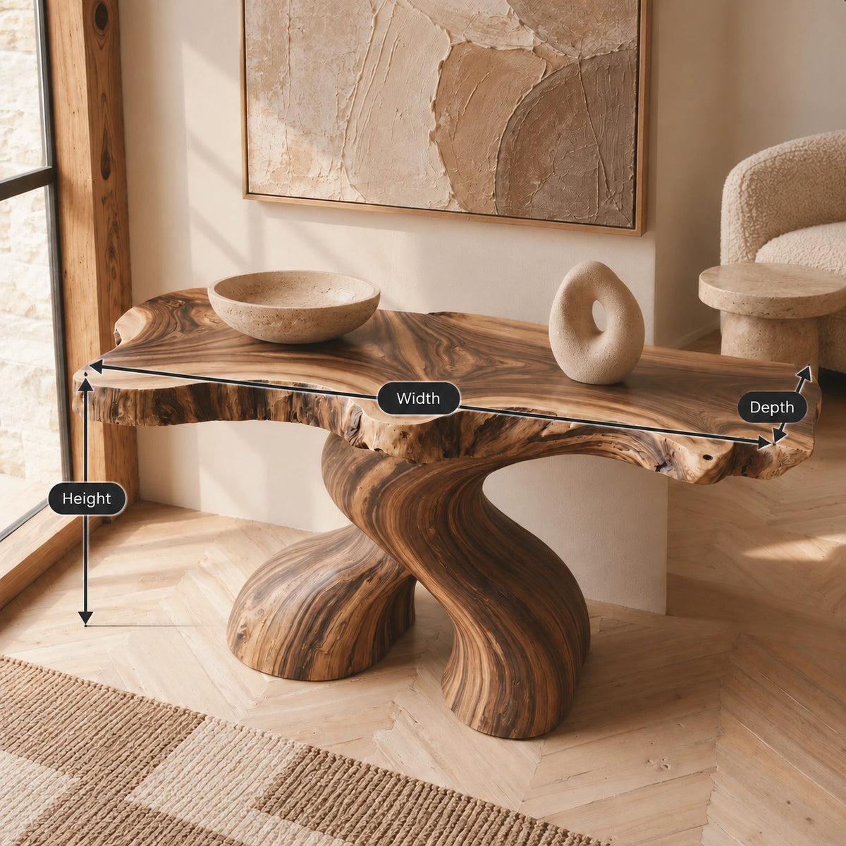 Organic Curved Burl Wood Console Table With Twisting Base For Living Room