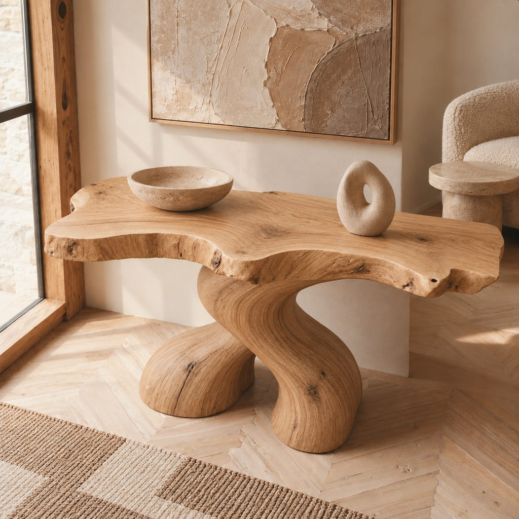 Organic Curved Burl Wood Console Table With Twisting Base For Living Room