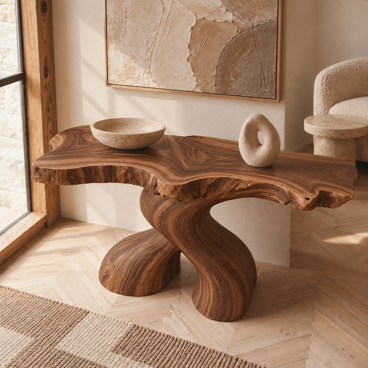 Organic Curved Burl Wood Console Table With Twisting Base For Living Room