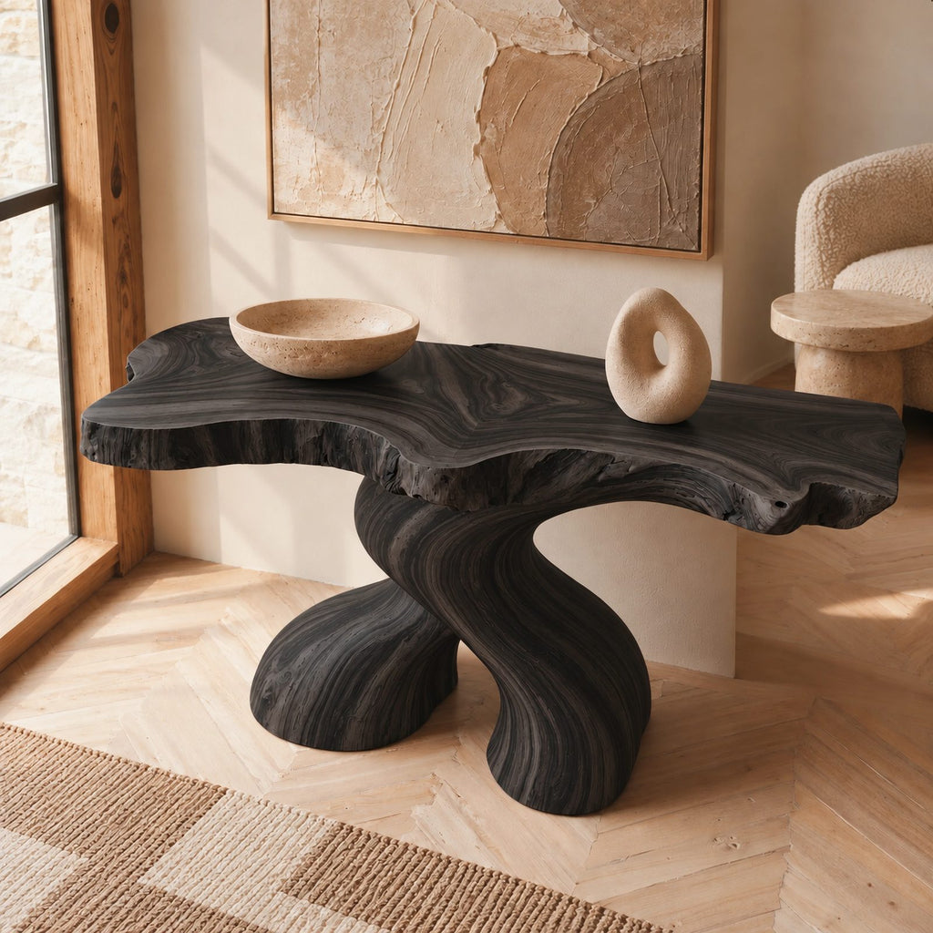 Organic Curved Burl Wood Console Table With Twisting Base For Living Room