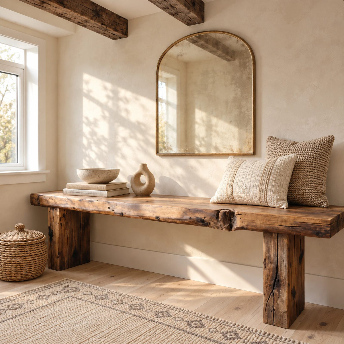 Farmhouse Solid Wood Entryway Bench With Chunky Legs