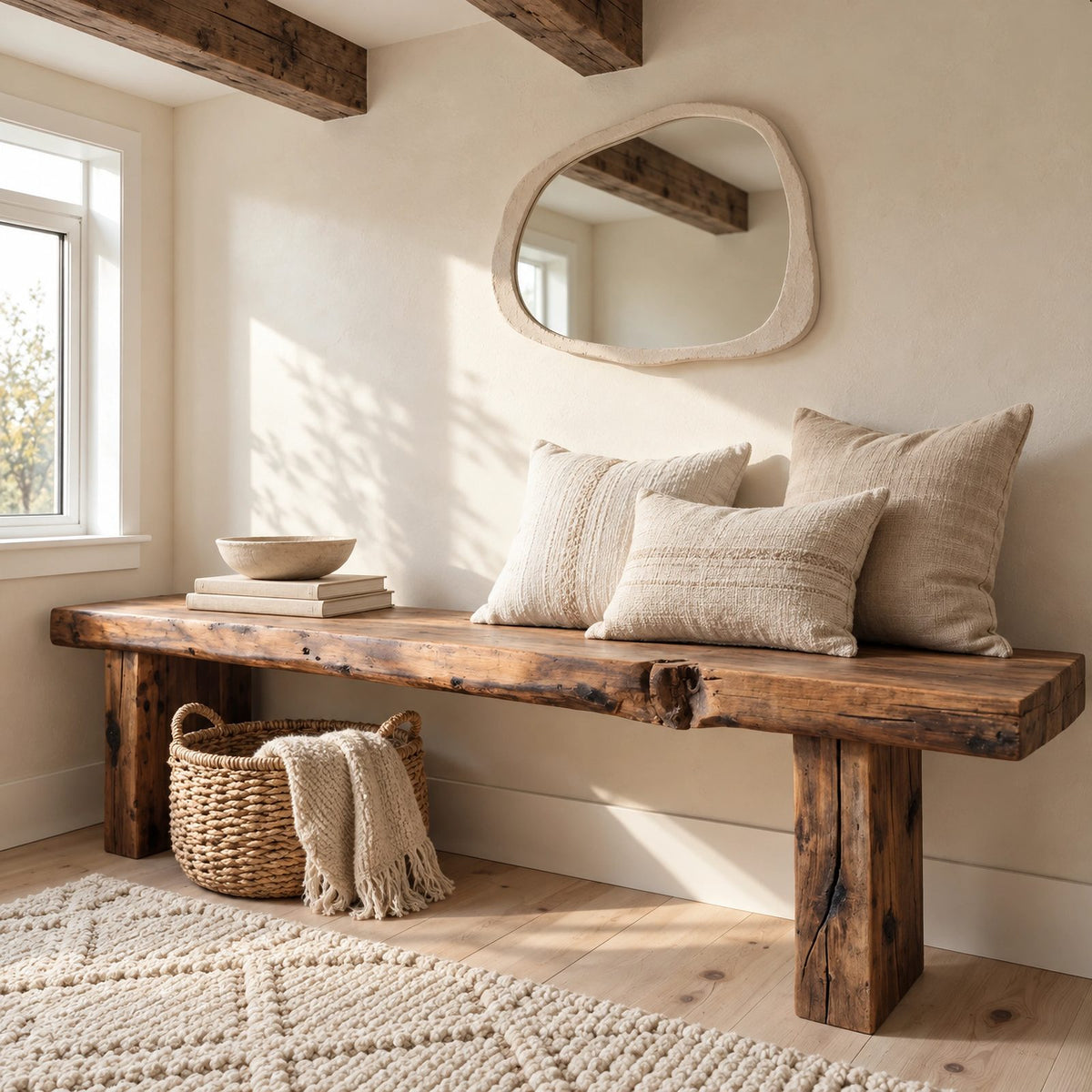 Farmhouse Solid Wood Entryway Bench With Chunky Legs