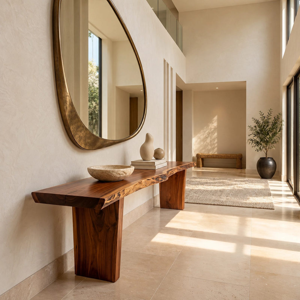 Live Edge Slab Console Table With Solid Panel Legs For Entryway