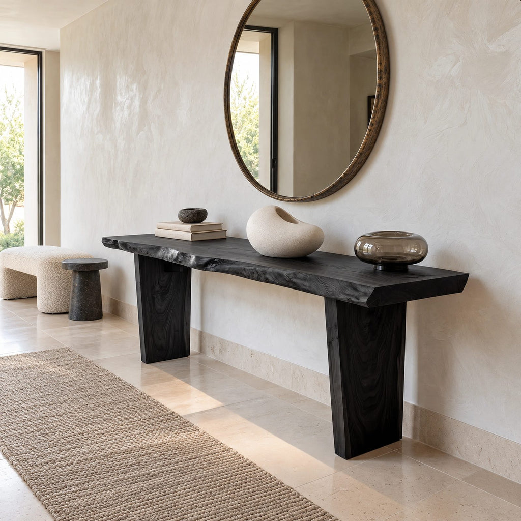 Live Edge Slab Console Table With Solid Panel Legs For Entryway