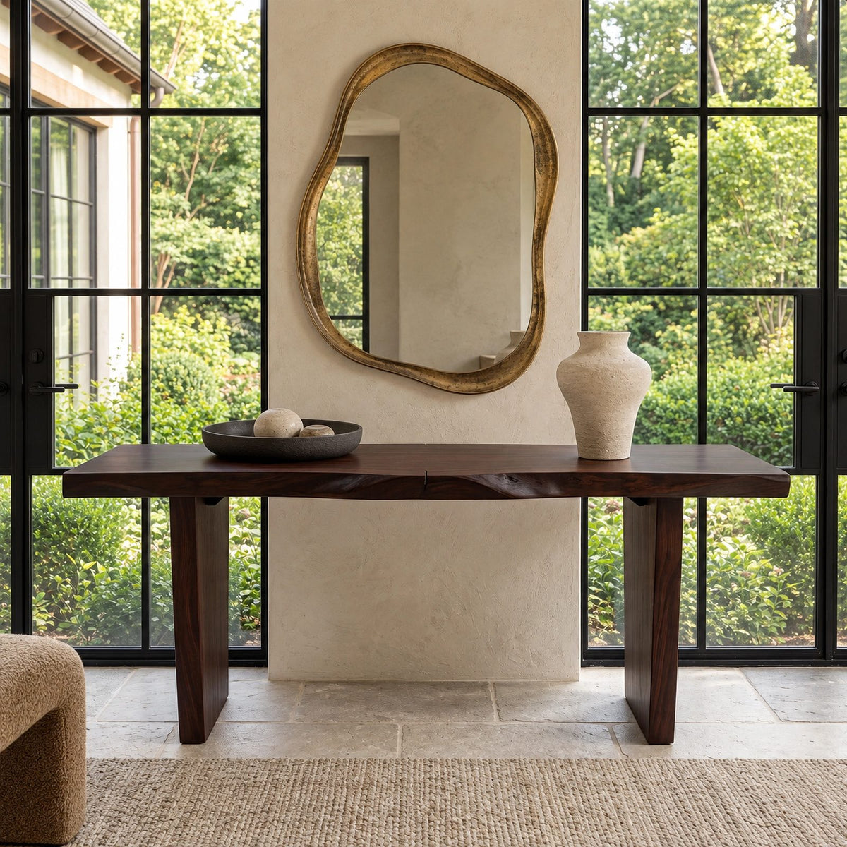 Live Edge Slab Console Table With Solid Panel Legs For Entryway