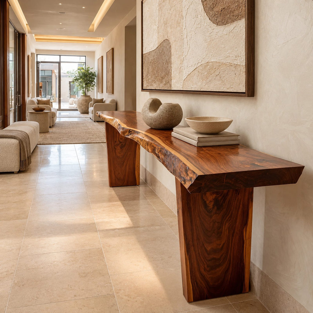 Live Edge Slab Console Table With Solid Panel Legs For Entryway