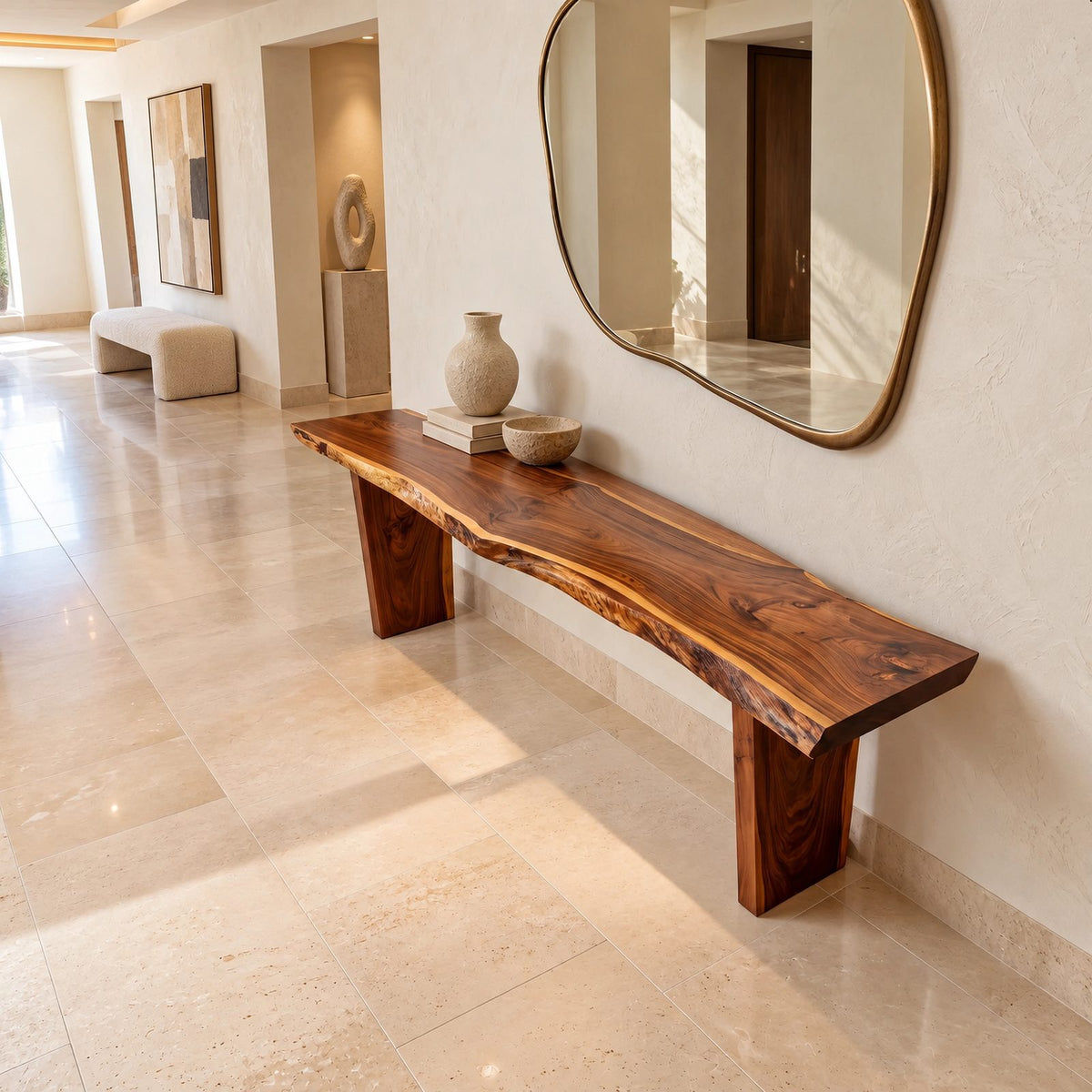Live Edge Slab Console Table With Solid Panel Legs For Entryway
