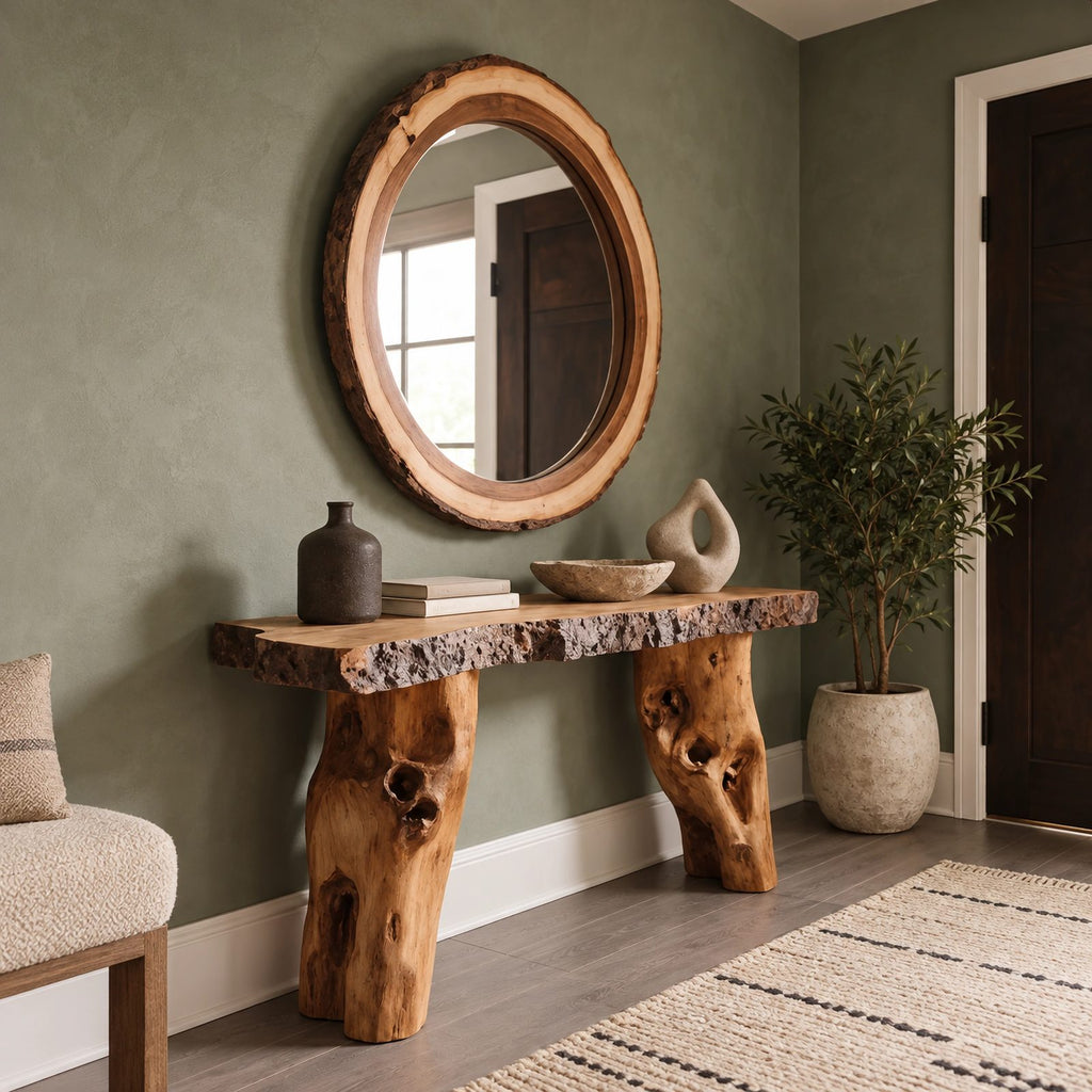 Farmhouse Gnarled Root Console Table With Live Edge Top For Hallway