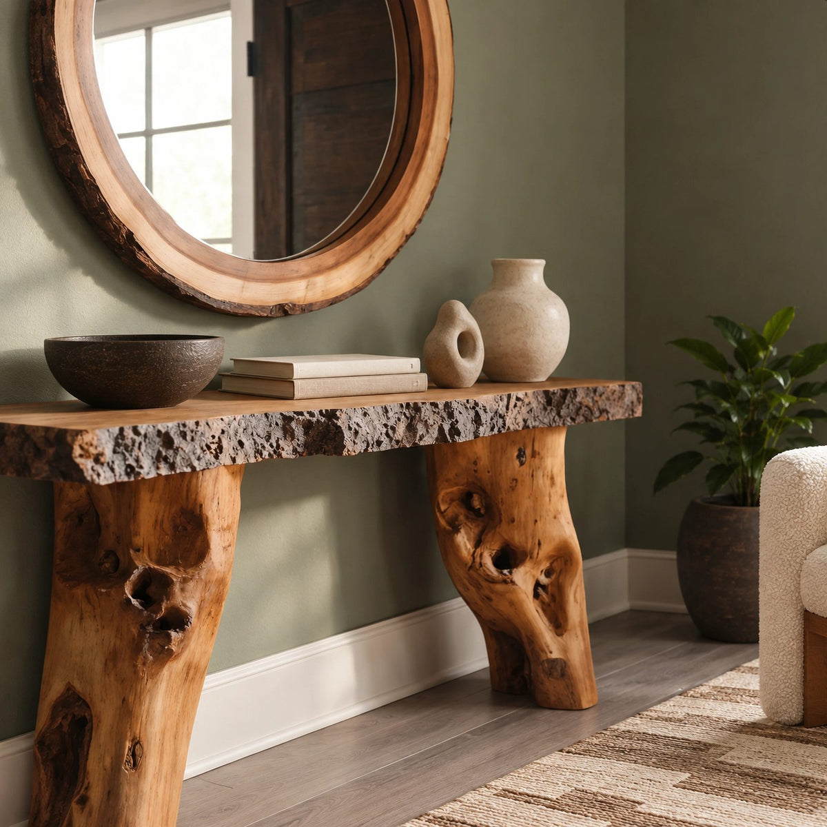 Farmhouse Gnarled Root Console Table With Live Edge Top For Hallway