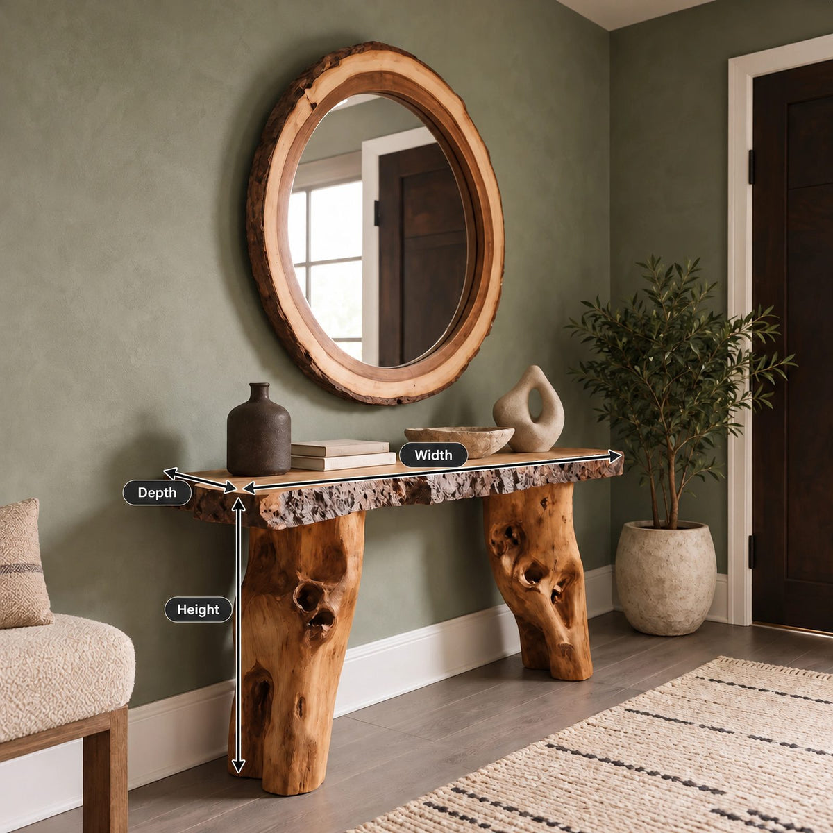Farmhouse Gnarled Root Console Table With Live Edge Top For Hallway