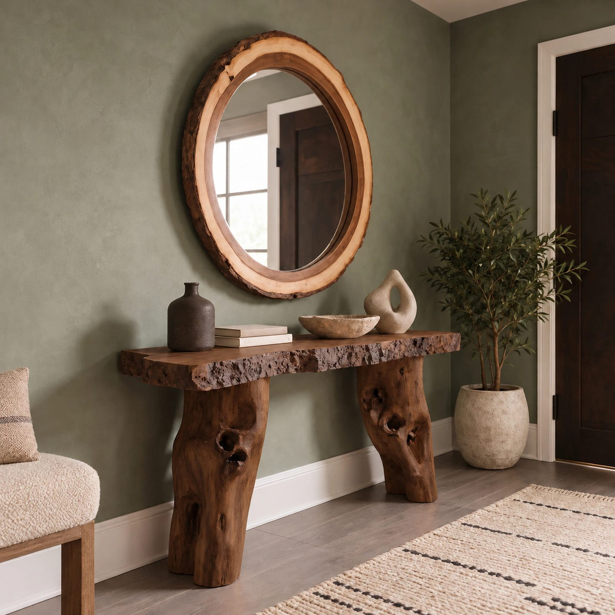 Farmhouse Gnarled Root Console Table With Live Edge Top For Hallway