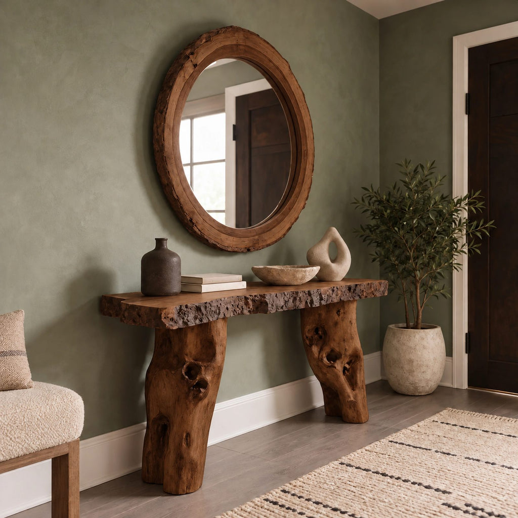 Farmhouse Gnarled Root Console Table With Live Edge Top For Hallway