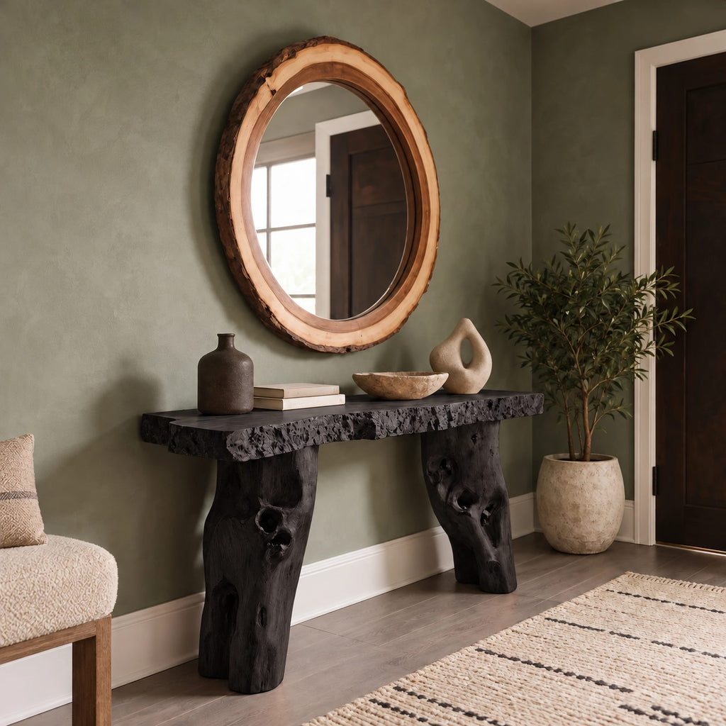 Farmhouse Gnarled Root Console Table With Live Edge Top For Hallway