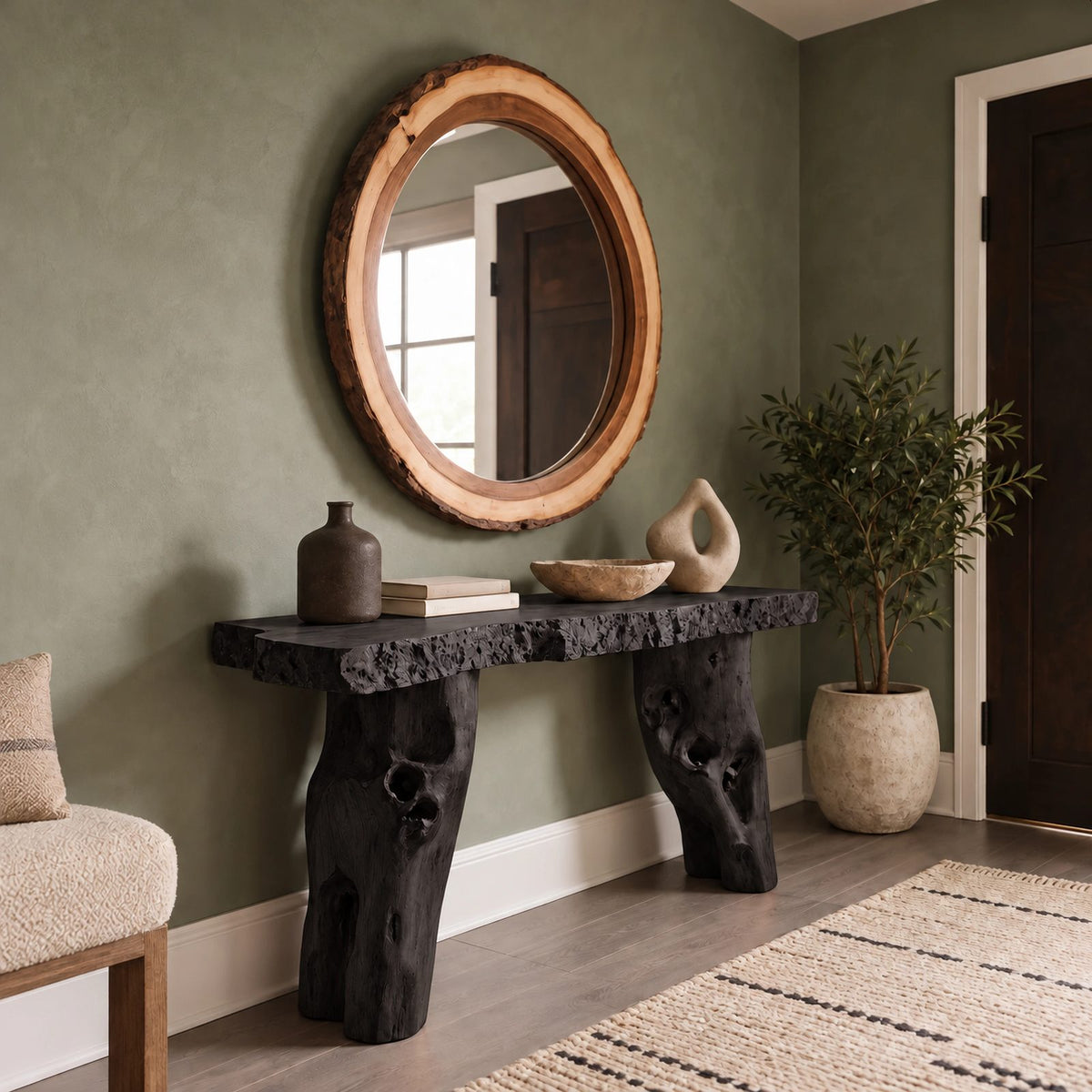 Farmhouse Gnarled Root Console Table With Live Edge Top For Hallway