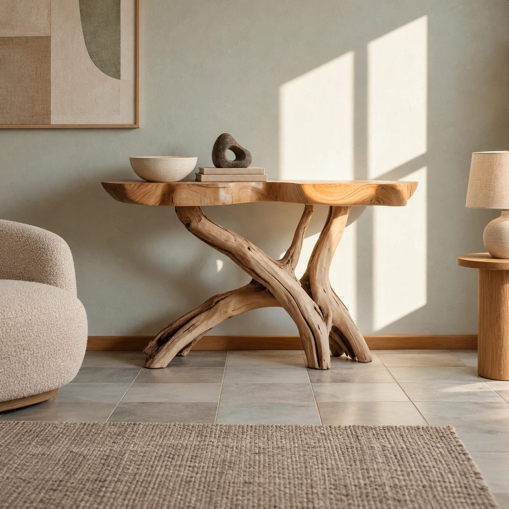 Natural Wood Console Table With X Branch Base For Entryway
