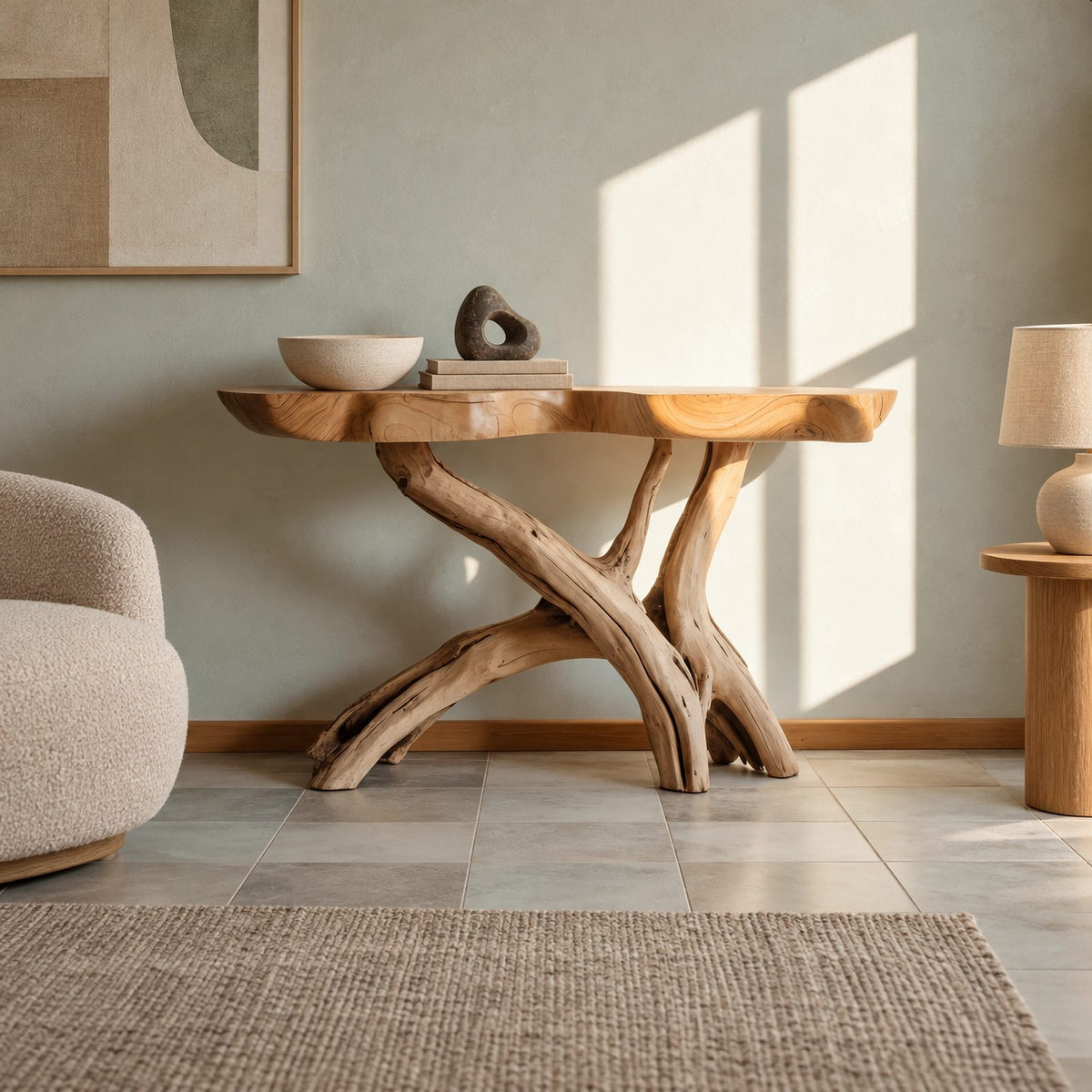 Natural Wood Console Table With X Branch Base For Entryway