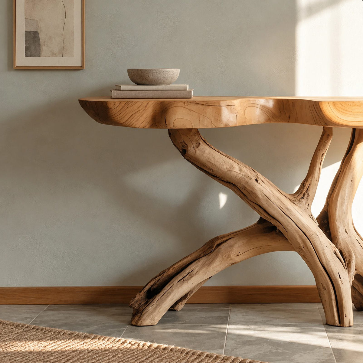 Natural Wood Console Table With X Branch Base For Entryway