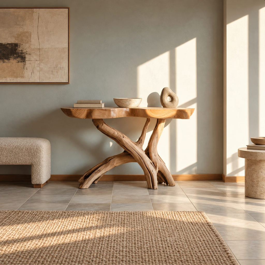 Natural Wood Console Table With X Branch Base For Entryway