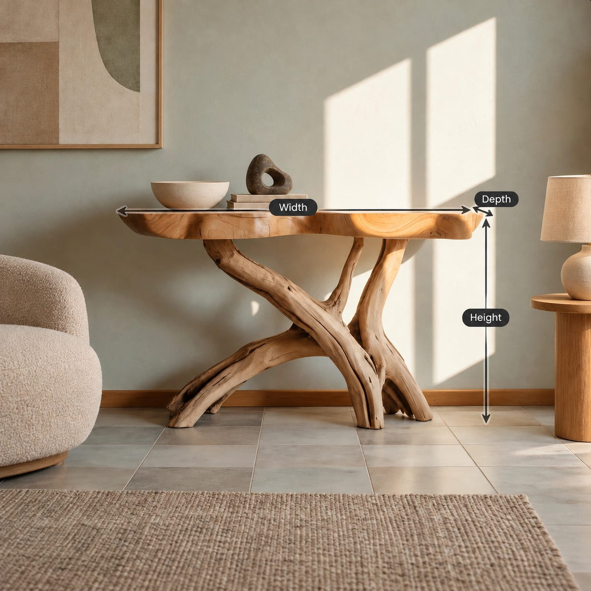 Natural Wood Console Table With X Branch Base For Entryway