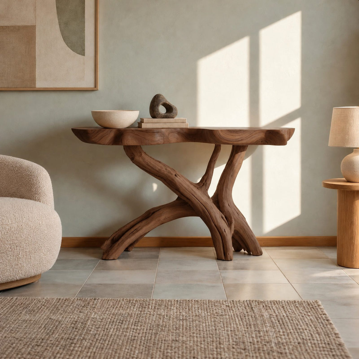 Natural Wood Console Table With X Branch Base For Entryway
