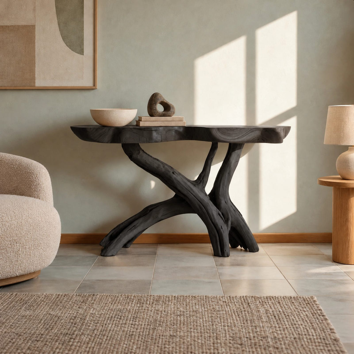 Natural Wood Console Table With X Branch Base For Entryway