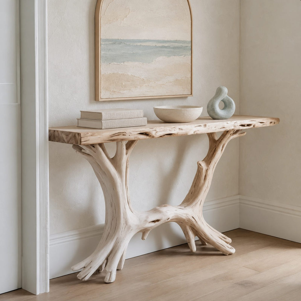 Coastal Driftwood Style Wood Console Table With Branch Legs For Hallway
