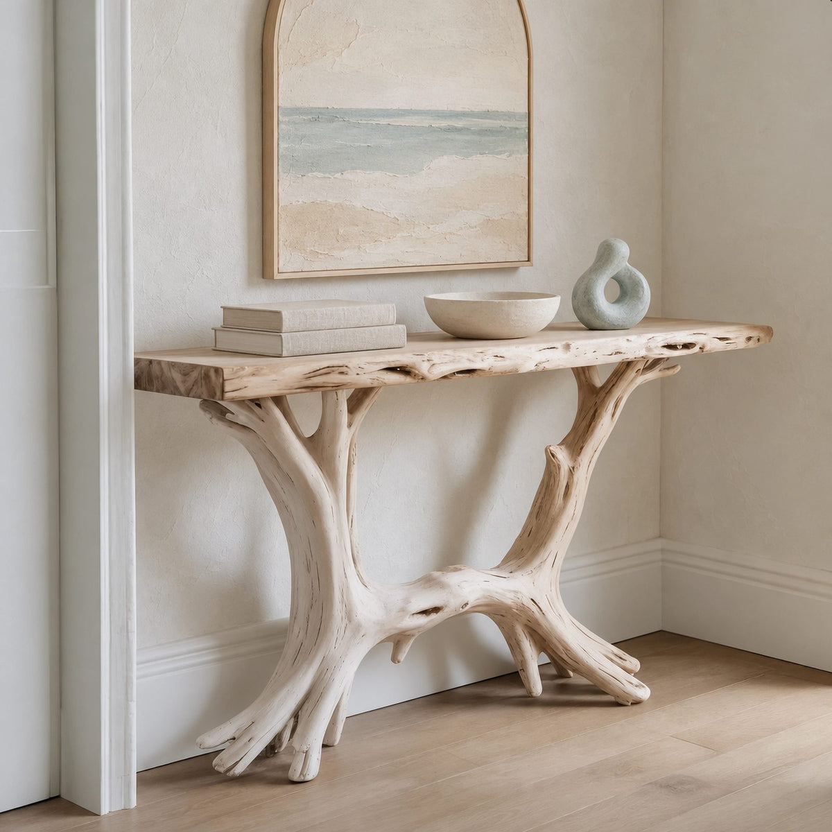 Coastal Driftwood Style Wood Console Table With Branch Legs For Hallway