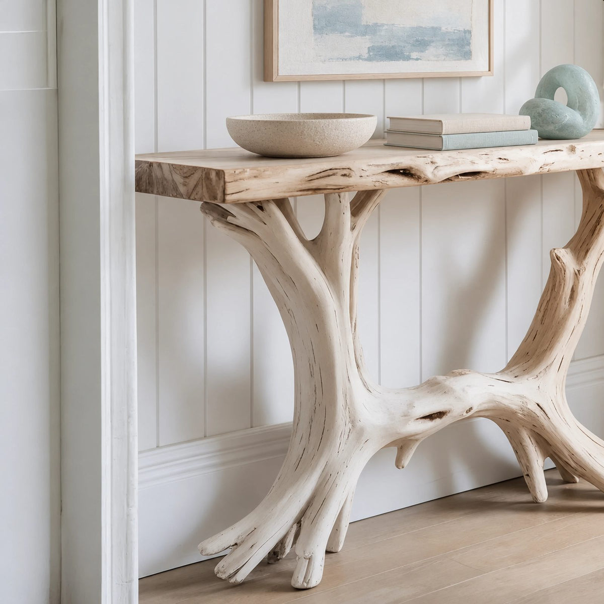 Coastal Driftwood Style Wood Console Table With Branch Legs For Hallway