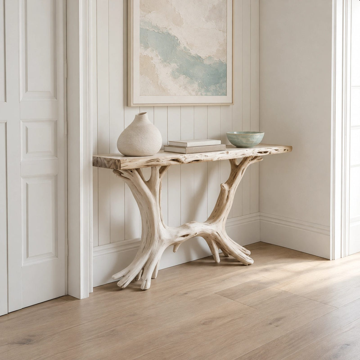 Coastal Driftwood Style Wood Console Table With Branch Legs For Hallway