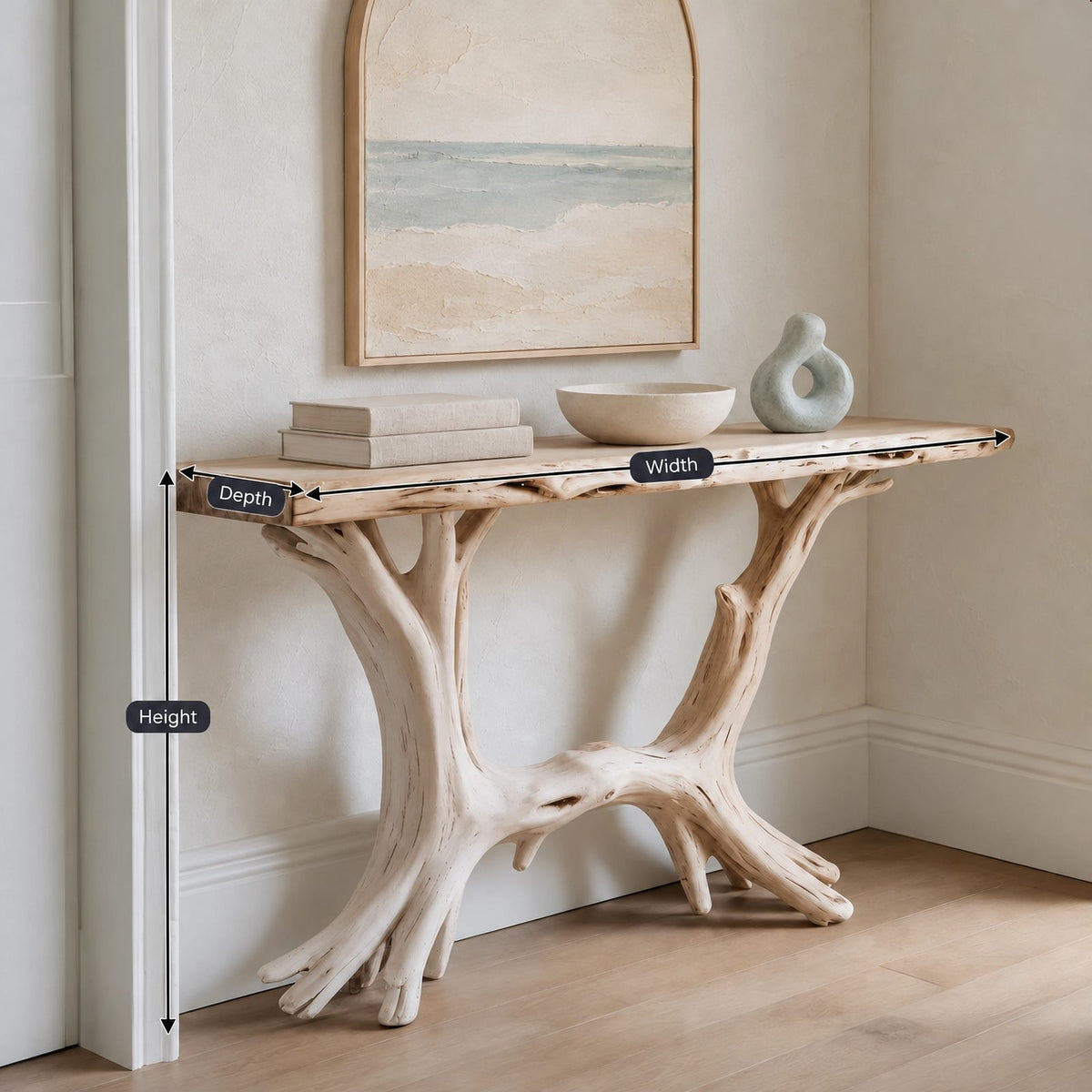 Coastal Driftwood Style Wood Console Table With Branch Legs For Hallway