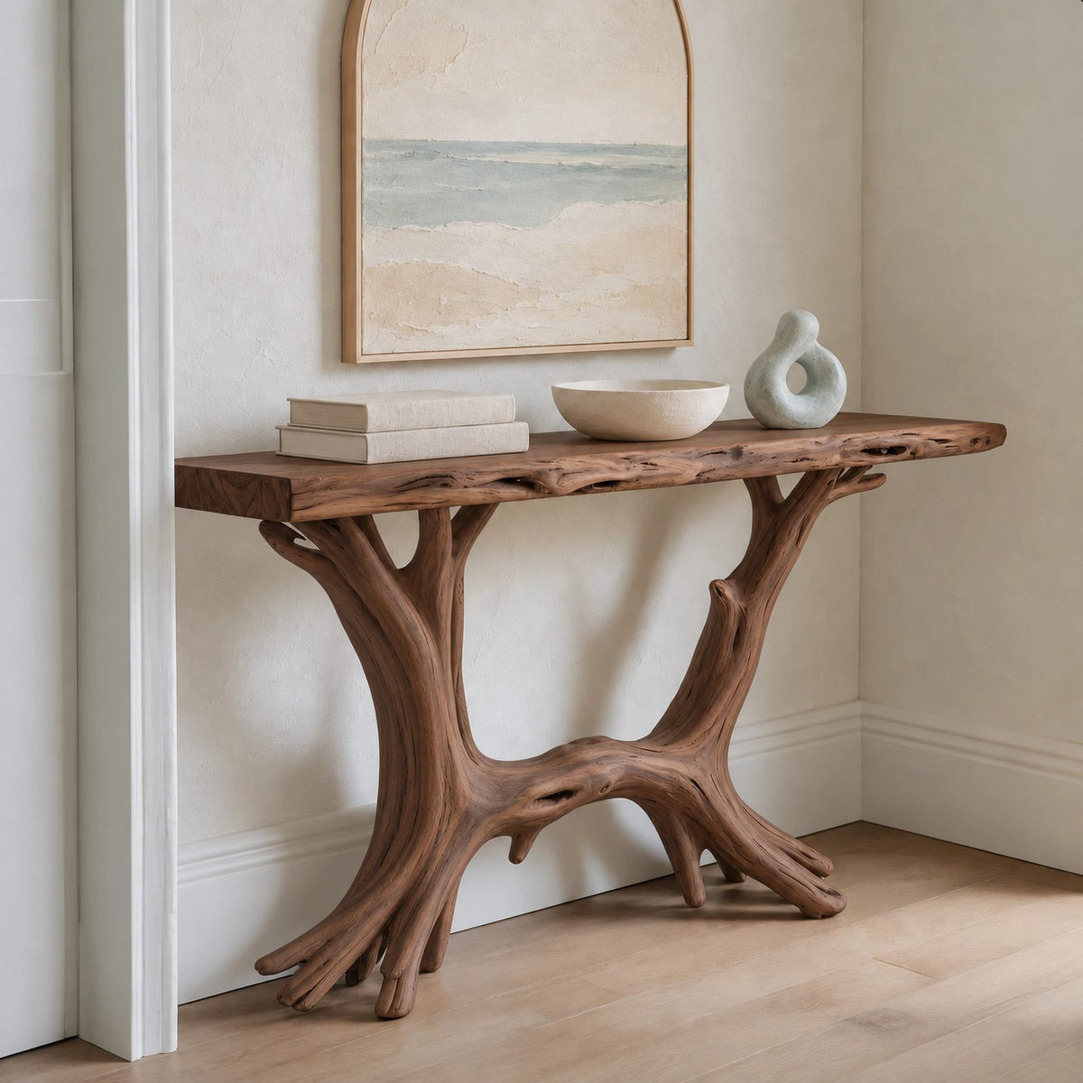 Coastal Driftwood Style Wood Console Table With Branch Legs For Hallway