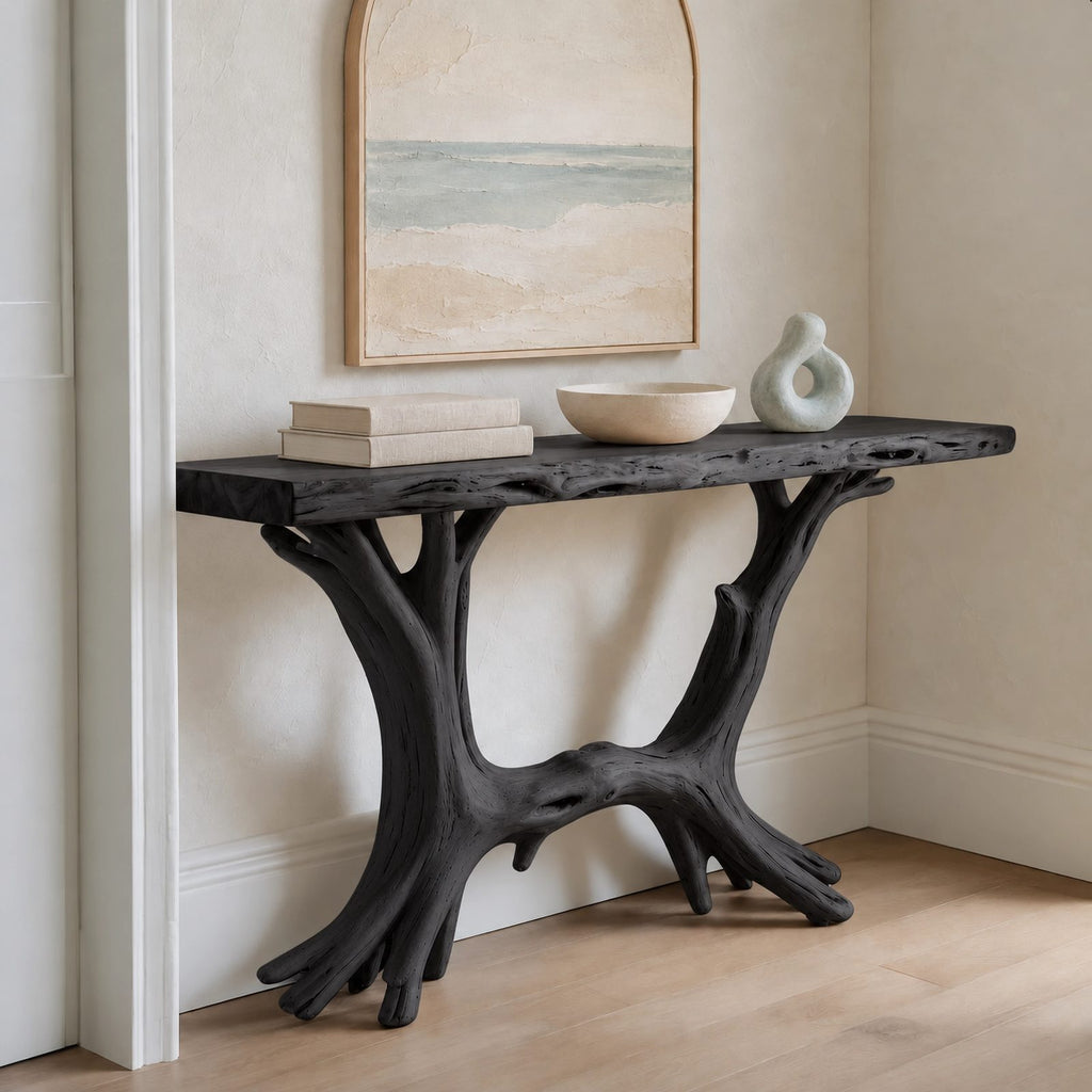 Coastal Driftwood Style Wood Console Table With Branch Legs For Hallway