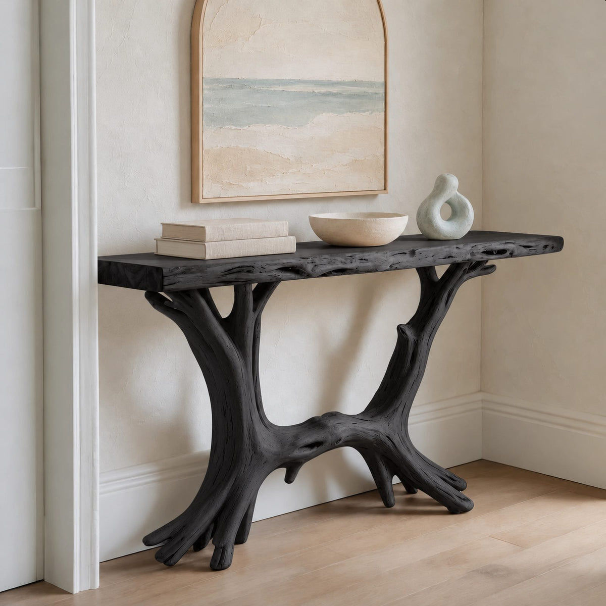 Coastal Driftwood Style Wood Console Table With Branch Legs For Hallway