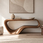 Contemporary Flowing Wood Console Table With Open Base Shelf For Living Room