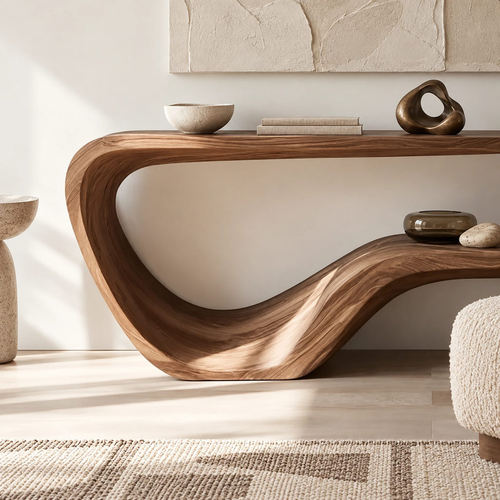 Contemporary Flowing Wood Console Table With Open Base Shelf For Living Room