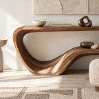 Contemporary Flowing Wood Console Table With Open Base Shelf For Living Room