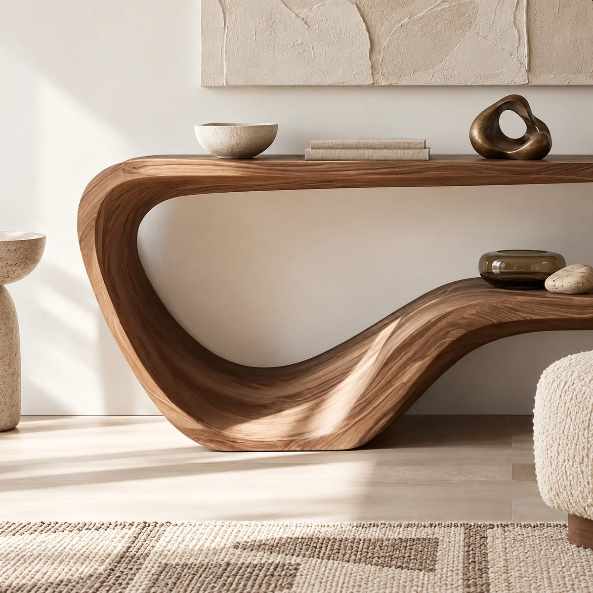 Contemporary Flowing Wood Console Table With Open Base Shelf For Living Room