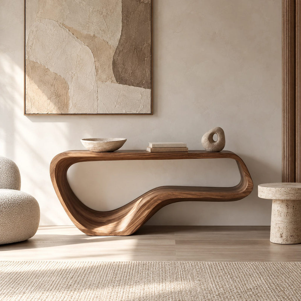 Contemporary Flowing Wood Console Table With Open Base Shelf For Living Room