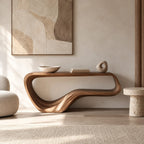 Contemporary Flowing Wood Console Table With Open Base Shelf For Living Room