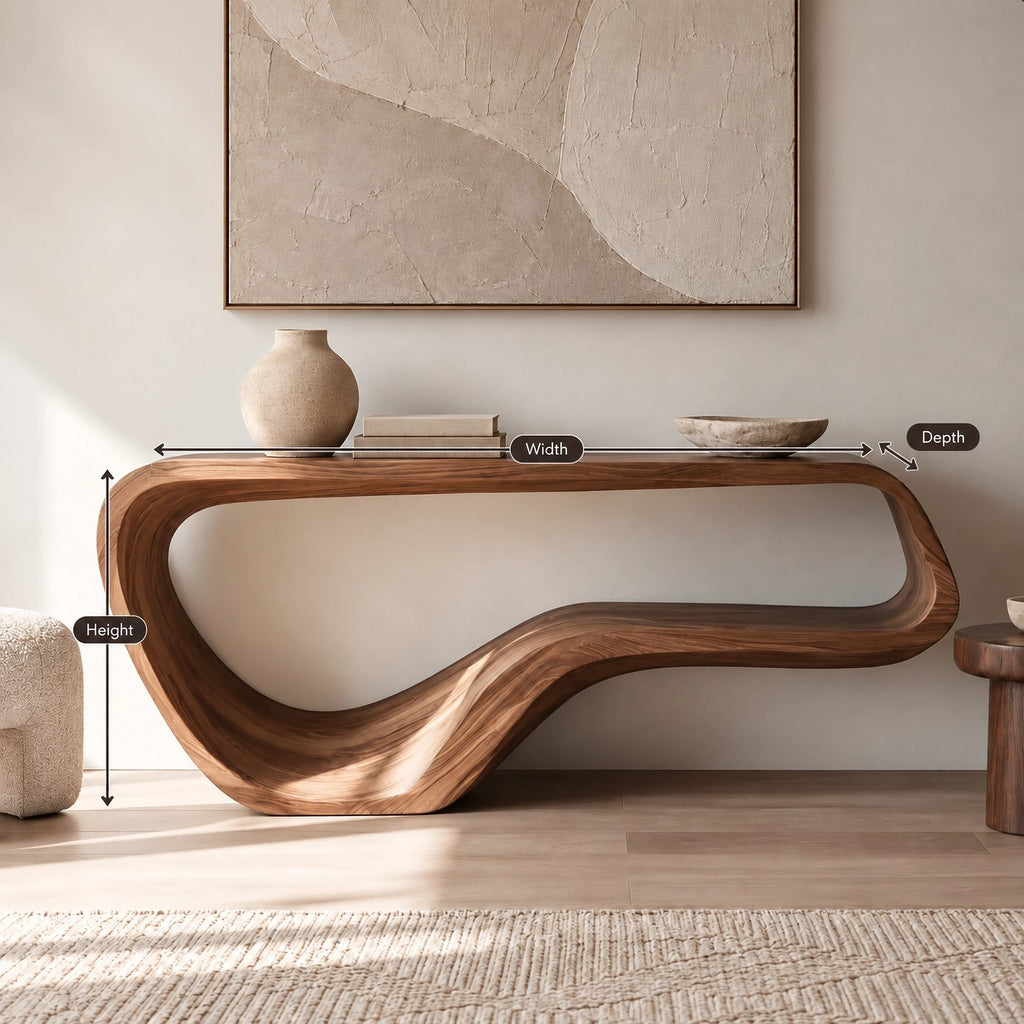 Contemporary Flowing Wood Console Table With Open Base Shelf For Living Room