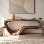 Contemporary Flowing Wood Console Table With Open Base Shelf For Living Room