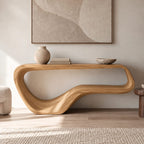 Contemporary Flowing Wood Console Table With Open Base Shelf For Living Room