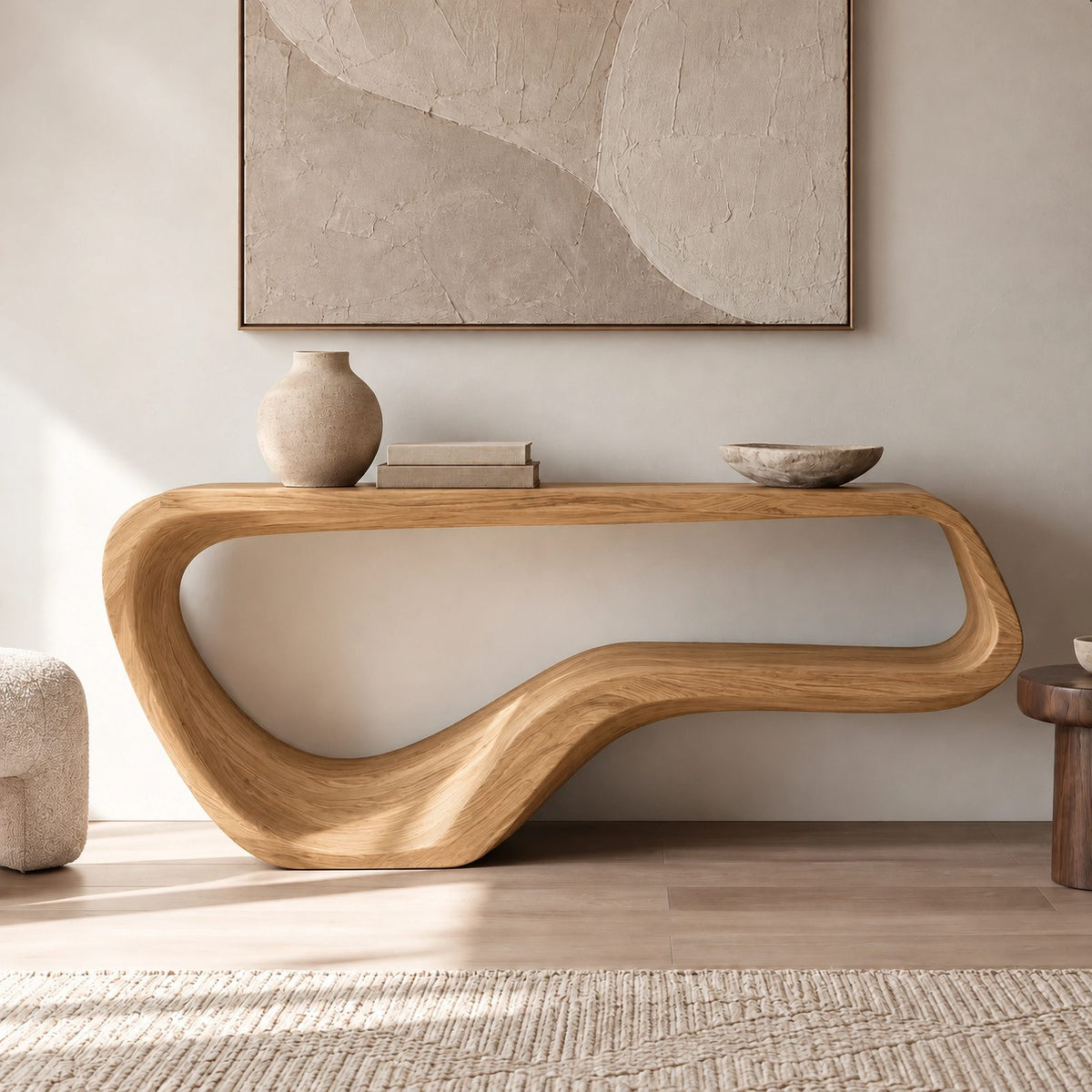 Contemporary Flowing Wood Console Table With Open Base Shelf For Living Room