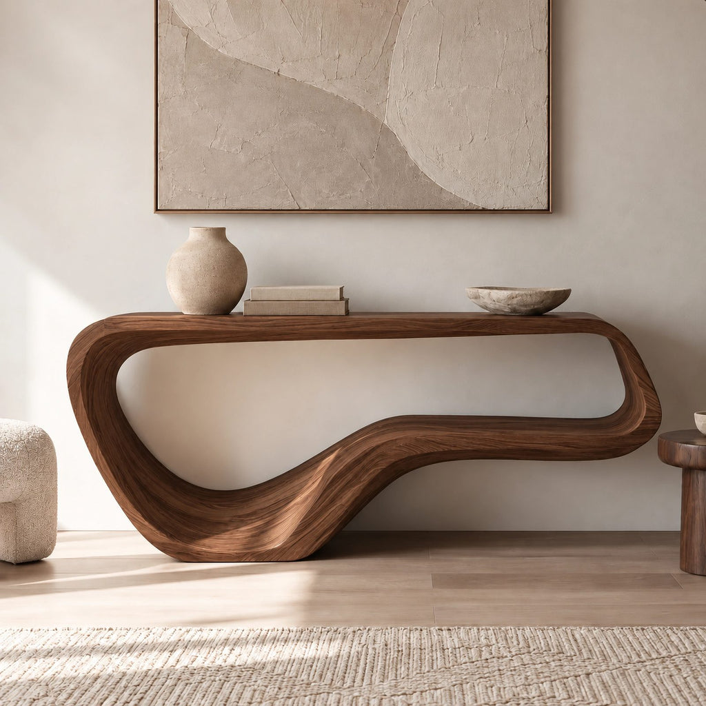 Contemporary Flowing Wood Console Table With Open Base Shelf For Living Room