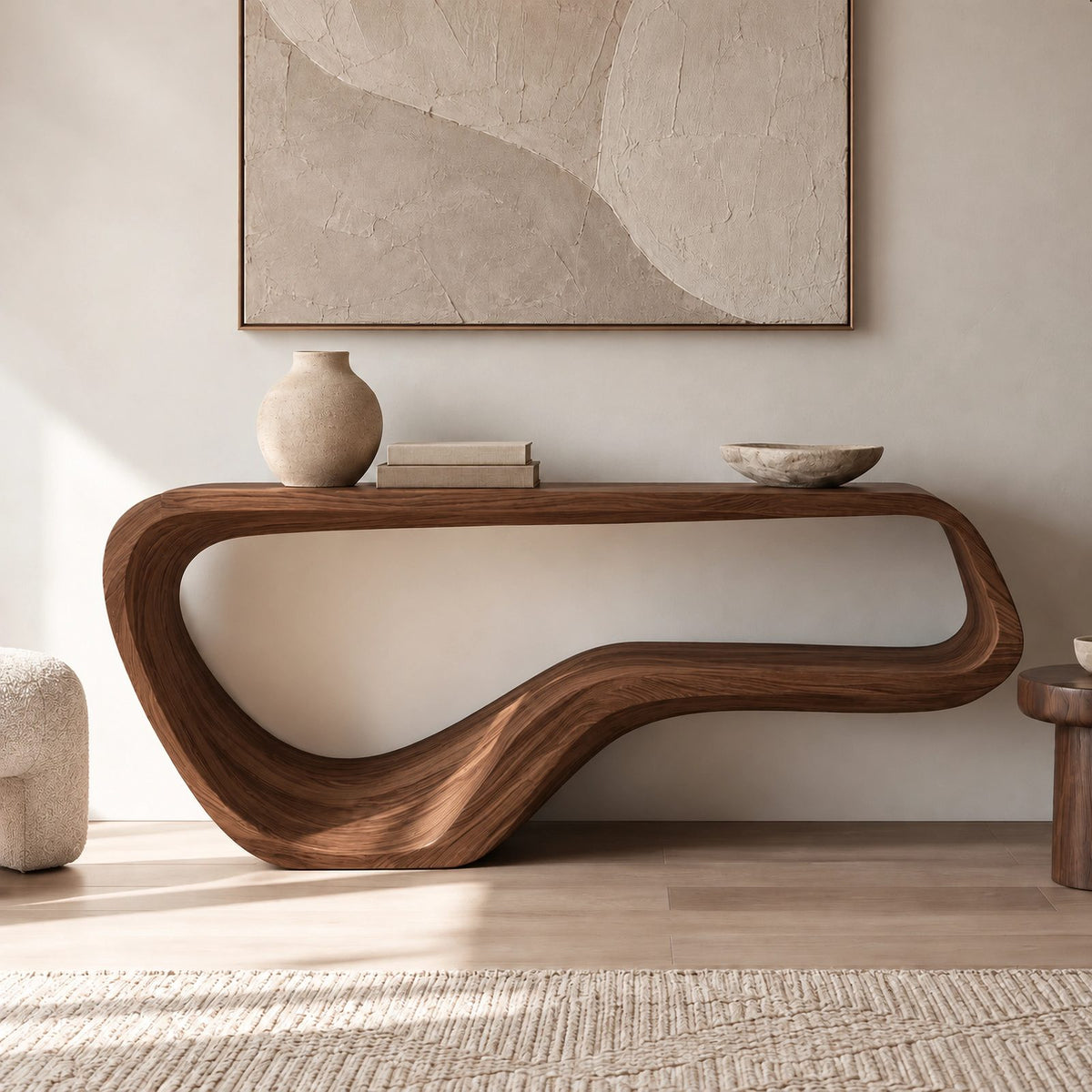 Contemporary Flowing Wood Console Table With Open Base Shelf For Living Room
